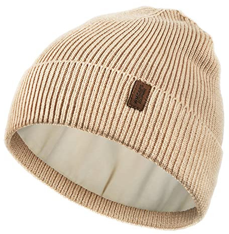 Wmcaps Beanie Mütze, Herren Winter Warme Unisex Wintermütze Strickmütze Dehnbare Weiche Wollmütze mit Bündchen und Dickem Warmem Futter Geschenke für Freundin männer Frauen (Beige