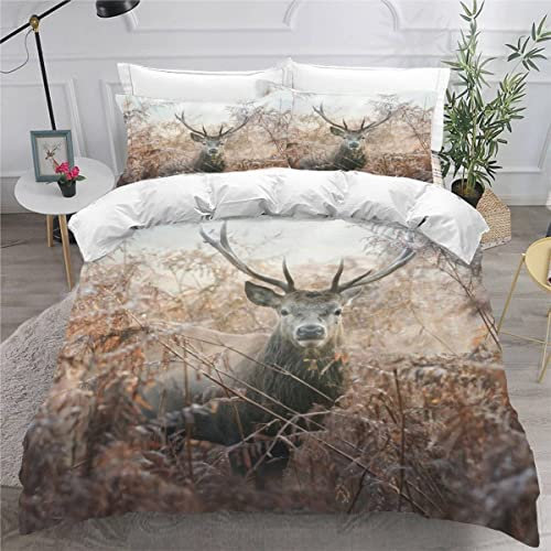 TiaoTian Housse De Couette 220x240 Cerf Forêt 3D Parure De Lit et Fermeture éclair Linge De Lit et Oreillers Adulte Couvre Lit Souple Microfibre Parure De Lit 2 Personnes Animaux Nature