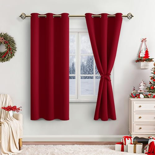 JIUZHEN Gardinen Blickdicht WeihnachtsVorhänge Vorhänge Kurz Wohnzimmer mit Vorhang-Krawatten Verdunkelungsvorhang Wärmeisolierende Thermovorhang für Weihnachten, Rot, 2 Stück, 137x117cm(HxB)