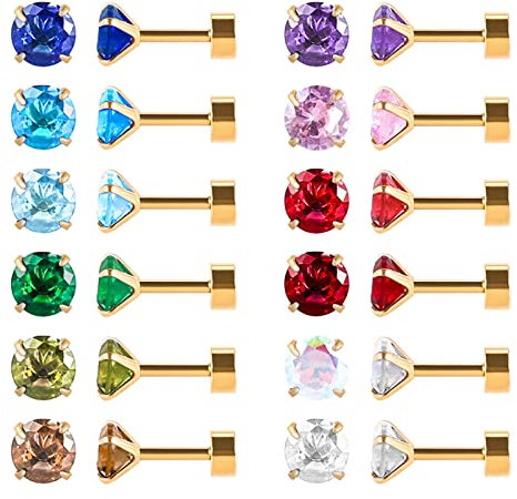 12 Paare flache Rückseite chirurgischen Edelstahl Ohrstecker, Schraube zurück Herz Stern Quadrat Teardrop vergoldet CZ Birthstone Ohrstecker Set Gold rund 3mm