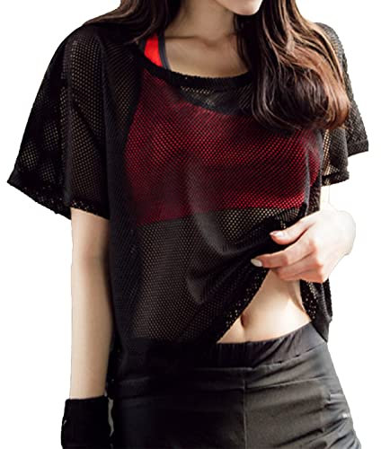 VBESTLIFE Top de Malla para Cubrir, Camiseta de Malla Suelta de Secado Rápido de Manga Corta para Mujer para Verano, Fitness, Yoga, Ciclismo (Negro)