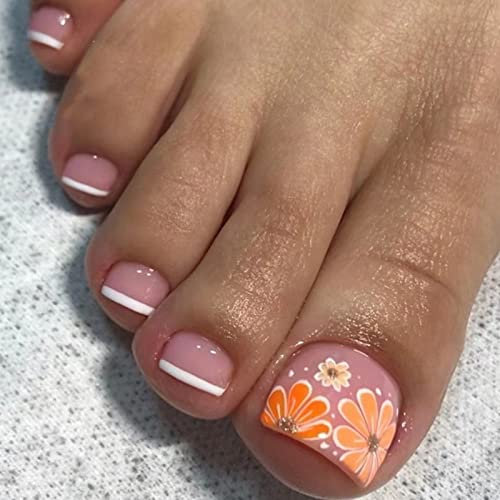 Ceboic 24 Pièces Faux Ongles pour Orteil Court French Artificiels Faux Ongles D'Orteil Pleine Couverture Ongles Conseils Pied Ongles pour Femmes et Filles Nail Art Décorations (Fleurs Jaunes)