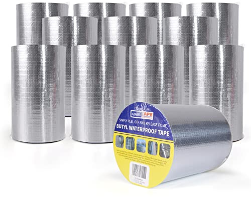 ADHES Butyl Tape Waterproof Tape Aluminum Foil Tape Sealan Tape 100mm x 5m(4inch x 5m), for RV Repair, Window, Silicone, Boat and Pipe Sealing, Roof Patching, Silver,12Rolls
