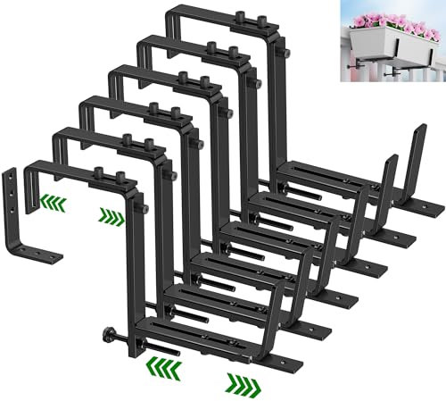 HFHOME Verstellbare Halterungen für Blumenkasten, Halterungen für Fensterkästen, Pflanzgefäße, hängende Blumenkastenhalter, robuste Wandhalterung für Fensterbänke, Garten, Schwarz, 6 Stück