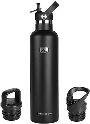 Polarscape Stainless Steel Large Water Bottle with Straw - Large Flask, Includes 3 Lids, 2 Straws, and Straw Brush - Insulated, Narrow Mouth, Double-Walled, BPA Free, Leak Proof - 1L Black