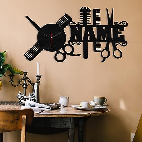 JeathFea Personalizzato Unico Nome Personalizzato Orologio Da Parete In Legno Salone di Bellezza Hair Studio Decor Regalo Perfetto per Parrucchiere, Hair Stylist, Salon O Barber