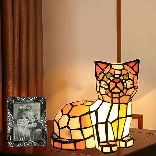 AIBOTY Tiffany Tischlampe Klein, Kreativ Tiffany Stil Katze Buntglas Tier Nachtlicht, Kinderlampe, Dinging Tischlampe, Akzent Schlafzimmer Nachttischlampe