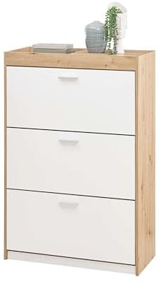 Stella Trading Paris Moderner Schuhschrank-Schuhkipper weiß matt- Kommode mit Korpus in Eiche Artisan Nachbildung - 84 x 126 x 38 cm (B/H/T)