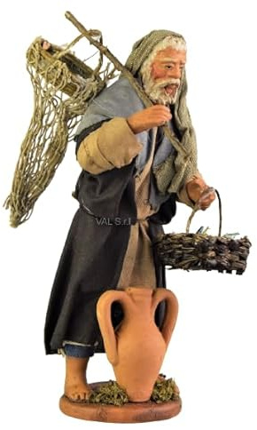 Holyhome Pescatore con rete per Presepe da 12 cm (4,72 Inch) Scala 1:15 - Presepe Napoletano in Terracotta Vestita, Realizzato e Dipinto a Mano, Made in Italy