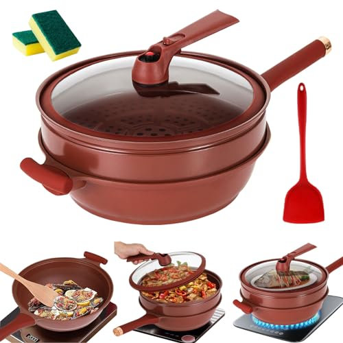 mumisuto Casseruola Antiaderente Ceramica Purple Sand, 32cm Padella Antiaderente Induzione, Pentole Antiaderenti con Coperchio, Spatola in Silicone, Cestello Cottura a Vapore, per Friggere, Brasare