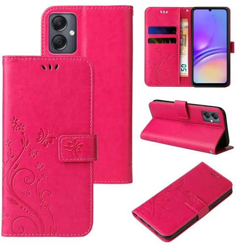 LBH Handy Hülle für Samsung Galaxy A05 Case Handytasche Schmetterling Blumen Flower Standfunktion Schutzhülle Magnet Rundum Schutz 360 Grad Flipcase Cover Pink