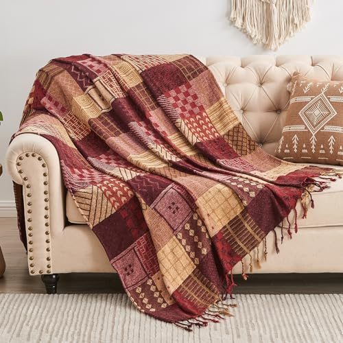 Edcooy Boho-Überwurfdecke, Patchwork, große Decken für Sofa, Doppelbett, Sessel, Couch, gewichtet, weiche Möbelüberwürfe, Quasten, Chenille-Überwürfe und Decken für böhmische Dekoration (S-150 x 200
