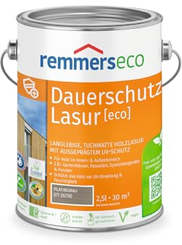 Remmers Dauerschutz-Lasur [eco] platingrau, 2,5 Liter, Langlebig, ausgeprägter UV-Schutz, für innen und außen, Schutz vor UV-Strahlung & Feuchtigkeit