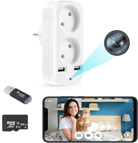 RUIYIG Cámara Oculta,Mini Cámara Espía,WiFi Inalámbrica con Audio y Video,HD 1080p,Cámara de Seguridad Oculta,para Vigilancia de Seguridad en el Hogar,con 2 Puertos USB y 2 Enchufes EU.