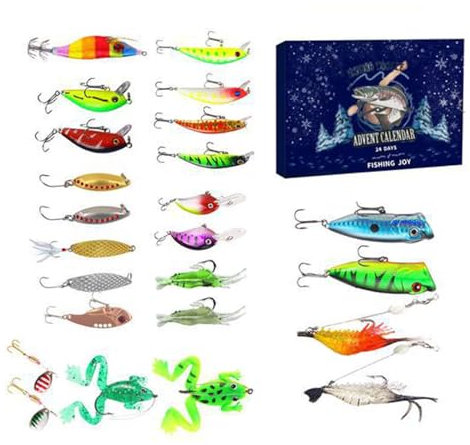 Festlicher Adventskalender zum Angeln, bunte Köder für Forellen und Barsch, perfekt für Angler, Angelköder-Set, Angler, Geschenk, Angelzubehör-Paket