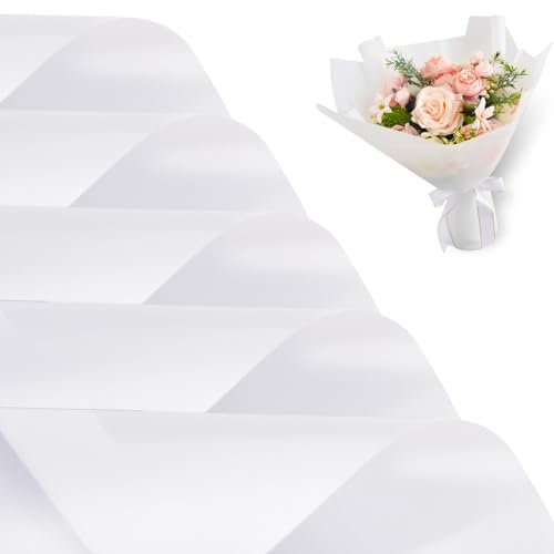 RIBBOOO 20 Sheets White Floral Matte Wrapping Paper, Plastic Waterproof Wrap Paper for Gift Wrapping, Flower Bouquet Packaging, Bouquet Florist Supplies, Wedding, Birthday, Graduation
