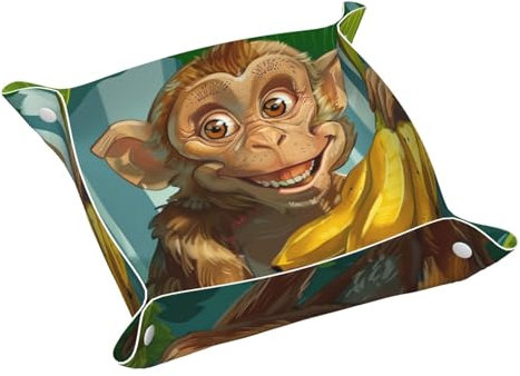 Faux Leather Valet Tray Monkey Holding Bananas in Jungle Bedside Desk-top Storage Tray Nightstand Caddy Tray