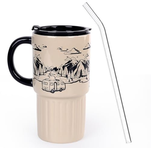 Autumnlife Taza con tapa y pajita, 650 ml, vaso de viaje, taza de café, taza de café, taza de café de cerámica, portátil, color beige claro para bebidas frías y calientes