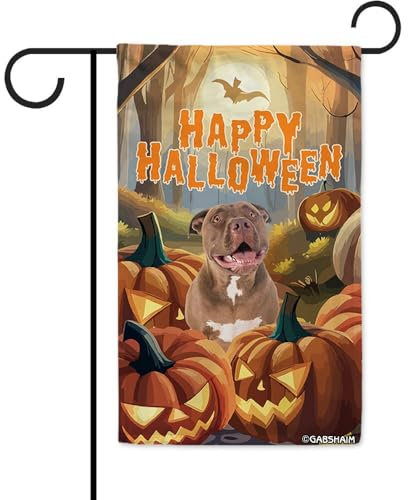 GABSHAIM Pitbull Red Nose Dog Happy Halloween Decor Gartenflagge für draußen Jack O Laterne Kürbisse Wald Outdoor Home Party Banner 31,8 x 45,7 cm doppelseitig
