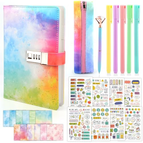HULASO Tagebuch Mädchen mit Schloss, Tagebuch mit Code für Mädchen, Geschenke für ab 6+ jährige Mädchen, Stift Aufkleber Scrapbook-Papier Mäppchen für Reisetagebuch Studiennotizen
