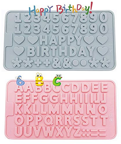 Lot de 2 moules en silicone en forme de lettres de l'alphabet et des chiffres, moules en silicone pour bonbons, décorations de gâteau d'anniversaire symboles, moule de cuisson pour la pâtisserie, la