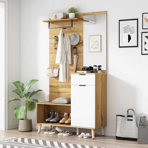 Garderobenset Flurgarderobe Set mit Schuhschrank und Spiegel, Garderobenschrank Flur Wandgarderobe Komplettgarderobe-Set mit Regal, Schuhbank, Schublade und Kleiderhaken, hydraulischen Scharnieren
