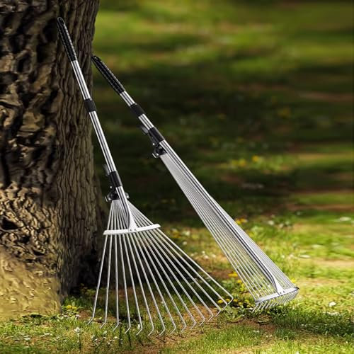 Laubrechen Mit Stiel Robuster Landschaftsrechen mit langem Griff, schmaler Rechen für kleine Flächen/Außenrechen für Blätter und Rasen mit 9/15 Zinken, Bodenlockerungsrechen für Hinterhofgärten(9 Teet