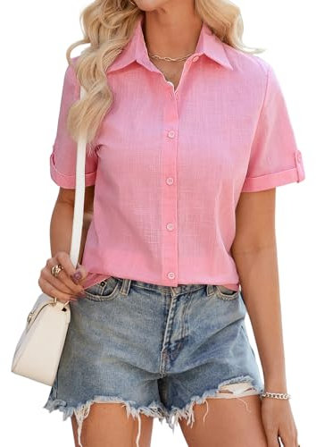Niwicee Chemisiers et Blouses Femme Chemise Femme ete Elegant Blouse Femme 100% Coton V Top Haut Femme Chemise à Boutons T-Shirt Casual Chemisier Femme Manche Courte Tee Shirt (Rose, XXL)