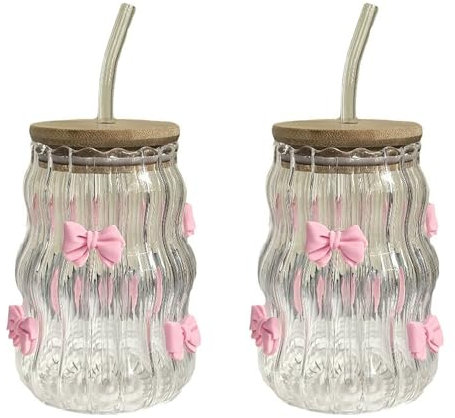 RXMORI 2 Pcs Ribbed Drinking Glasses with Wood Lid and Glass Straws,450ml Ripple Glass Cups,Ribbed Glassware, Iced Coffee Mug,Cute Bow/Rose Flower Tumbler Cup (Bow tie)