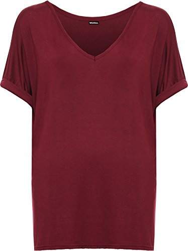 WearAll Women's New Plus Size Womens Short Turn Up Sleeve Baggy Plain Top Ladies V-Neck T-Shirt - Wine - 24-26