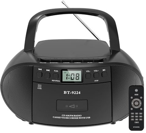 Portable Radio Cd Tape Cassette Player, Fm Radio with Remote Control, Bluetooth, Small Radio for Home, Boombox with Speakers, Earphone Jack, Personal Cd Recorder, Usb Playback, Ac/battery Powered