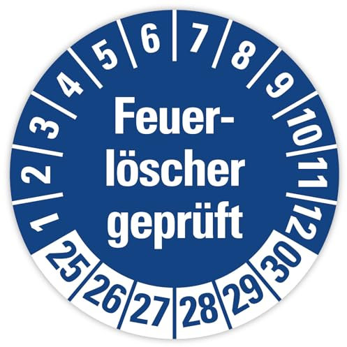 25x Prüfplaketten „Feuerlöscher geprüft 2025-2030 auf Bogen Folie, Blau | Ø 20-30 mm Made in Germany, Größe: Ø 30 mm