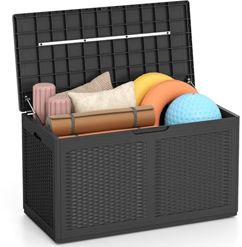 GIANTEX Coffre de Jardin Extérieur en PP 380 L, Coffre de Rangement Étanche avec Couvercle, 2 Roulettes, Poignées Latérales, Caisse de Rangement Extérieur Pour Balcon, Terrasse, Arrière-Cour, Gris