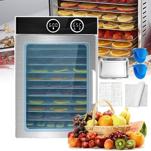 agreilduite Commercial Meat Dehydrator & Fruit Dryer, 12-Tray,Stainless Steel 1200W dryer machine w/Accessory Set (12 Dehydrator Sheets, 2 Drip Trays, Gloves),Professional Home Kitchen