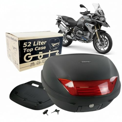 Götz Topcase für Motorrad XXL (52 L) für 2 Helme, abschließbar | Motorradkoffer mit universeller Trägerplatte: spritzwassergeschützte Heckbox mit großem Reflektor, werkzeugfrei abnehmbar