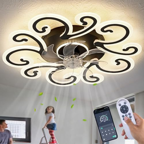 ChenSolara Modern Ceiling Fan with Light and Remote, 6-Speed Dimmable LED Fandelier, Low Profile Flush Mount Ceiling Fan with Swirl Design for Bedroom, Living Room, and Dining Room – Black