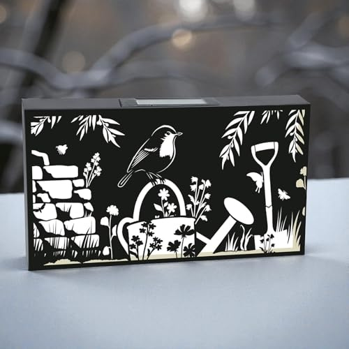 Epsom Door Handle Landscape Solar Wall Panel with Robin Design Warm LED Light 25cm x 48cm x 5cm Weatherproof Decorative Wall Art for Garden Patio Fence and Outdoor Use
