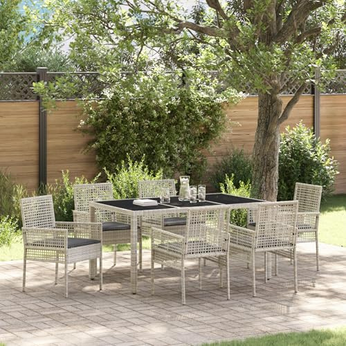 JHQHSM 7-TLG. Garten-Essgruppe mit Kissen Hellgrau Poly Rattan, 6 Personen Esstisch mit gehärteter Glasplatte und pulverbeschichteter Stahlrahmen für Terrasse Balkon Garten,