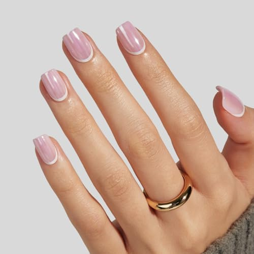 LAMIMOSA 32Pcs Reverse French Tip False Nails - Chrome Press On Nails Short Square, Glazed Baby Pink False Nails in 16 Sizes, Soft Gel Fake Nails with Glue, PINK CUTICLE GLOW