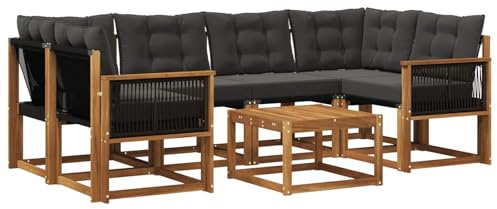 vidaXL Outdoor-Sofagarnitur mit Kissen 7 pcs Natürlich und Schwarz, Moderne Garten-Sofa-Garnitur, Robustes Akazienholz, Bequeme Terrasse, stilvolle Couch zum Entspannen