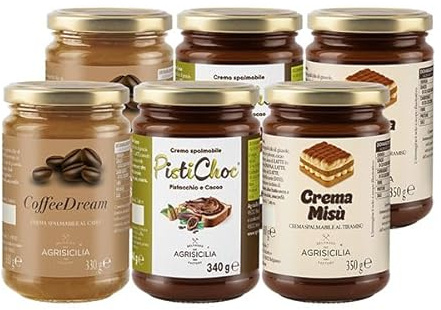 Agrisicilia Set 6 Vasetti Creme Spalmabili - Caffè, Pistacchio e Cioccolato, Tiramisù - Box Assortito Crema Dolce per Colazione e Dolci - Made in Italy