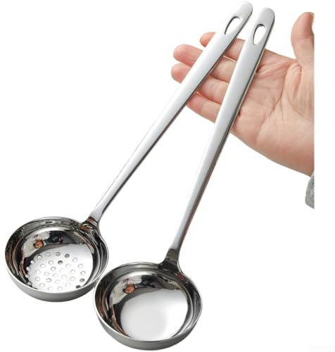 Cucchiaio da minestra in acciaio inossidabile 316 con manico lungo e colino scanalato, base piatta lucidata a specchio per servire liquidi caldi in cucina, argento, 27 cm (A+B)