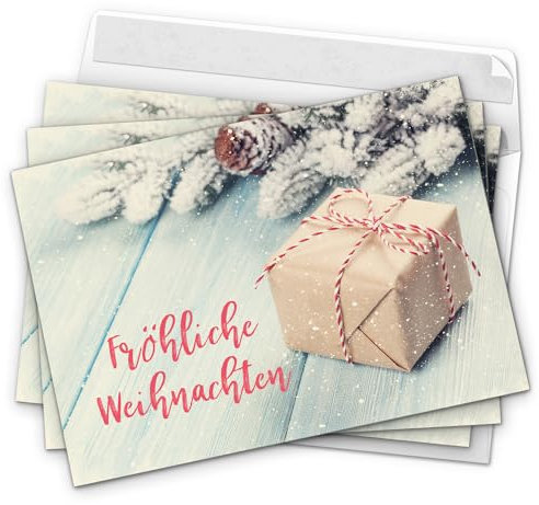 Einladungskarten Manufaktur Hamburg 10 moderne Weihnachtskarten mit Umschlag, Fröhliche Weihnachten Geschenk im Schnee, im Postkarten Format/Weihnachten/Weihnachtspostkarte