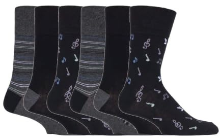 Gentle Grip NEW: 6 Pairs Men's No Elastic Socks 6-11 uk, 39-45 eur (MGG546 Musical Notes)