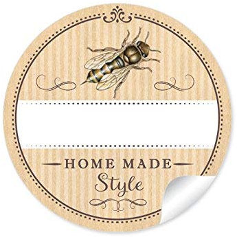 72 STICKER: Home Made Style 72 Schöne Honigetiketten für die Küche in natur mit Biene: mit Freitextfeld für die Honig Sorte (A4 Bogen) • Etiketten im Format 4 cm, rund, matt, für Imker