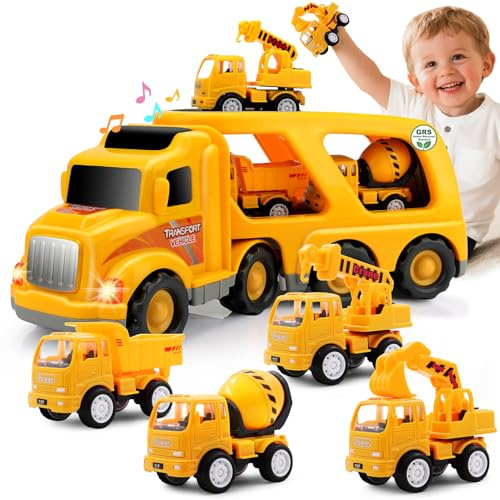 Construction Truck Toys for Toddler 3-5: 5-in-1 Vehicles with Sound Lights