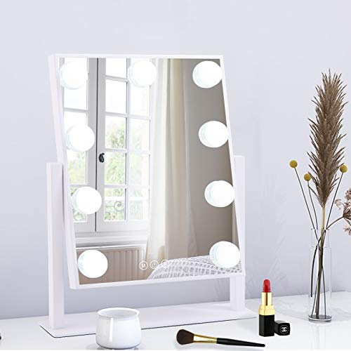 BWLLNI Lighted Makeup Mirror Hollywood Mirror Vanity Mirror with Lights, Touch Control Design 3 Colors Dimable LED Bulbs, Detachable 10X Magnification, 360°Rotation, (White) 12 L x 14 W