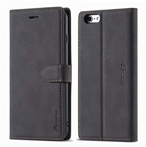 LOLFZ Hülle für iPhone 6 Plus/6S Plus, Premium PU Leder Handyhülle mit Kartenfach Ständer Magnetische Schutzhülle Schwarz