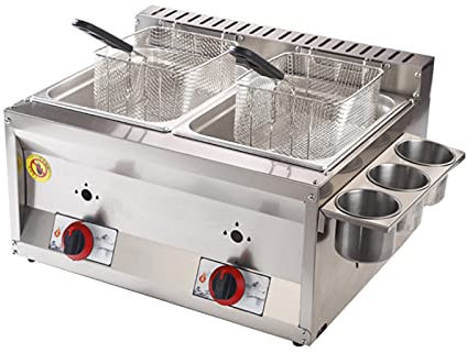 Freidora de gas profesional, 20 litros de doble cilindro de gas freidora de acero inoxidable con cesta para restaurante comercial, cocina casera