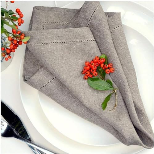 Linen & Cotton 4 x Stoffservietten mit Hohlsaum Florence, 100% Leinen - 43 x 43 cm (Beige)